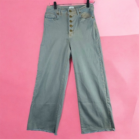 easel Denim - Easel Washed Denim Green Blue Wide Leg Jeans Small High Waist 5 Buttons Cropped